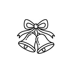 Single Vector Holiday bells with ribbon icon, clean outlined vector, minimal festive Christmas style, black and white illustration,  gift, december, design, wedding, shiny, golden, celebration, bow