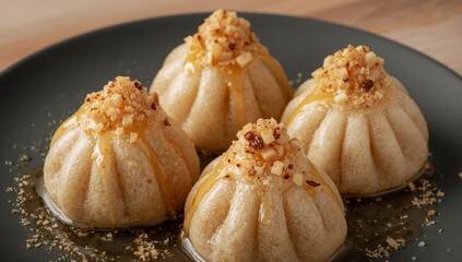 Golden Domes with a Crunchy Topping on a Dark Circular Plate, a Culinary Still Life.