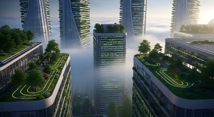 A futuristic eco-friendly city corridor with modern green towers and reflective water pathways