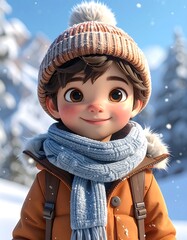A smiling child, bundled in winter attire, poses amidst a snowy, mountainous landscape. The scene evokes warmth and joy