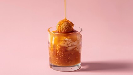 Golden Drizzle in Glass, a Sphere Topping, on Plain Background Simple Composition.