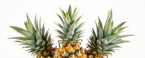 Fototapeta premium Top view of three fresh pineapples with spiky green crowns on white background, perfect for tropical themes.