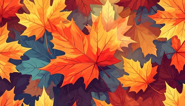 A vibrant, stylized illustration of colorful maple leaves scattered across a blue and brown background, depicting autumnal nature