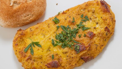 Golden Hue Culinary Still Life, Breakfast Concept with Omelet and Bread Roll, Macro Perspective.