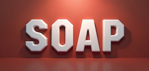 White 3D letters spell SOAP on vibrant red background. Graphic illustrates important medical acronym Subjective Objective Assessment Plan, vital tool in healthcare. Represents structured patient