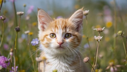 Golden Kitten in a Floral Field. A Study in Warm Tones and Soft Textures, Close Up.