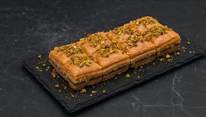 Golden Layers. Abstract Pastry Delight on a Dark Textured Surface, a Visual Treat.