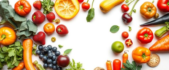 Vibrant fruits & vegetables arranged in heart shape on white background,   eating well,  clean eating