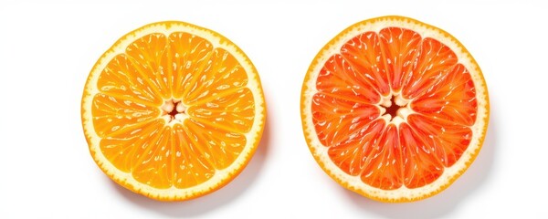 studio close up of halved orange and grapefruit on white background, clean light highlighting vibrant citrus tones.