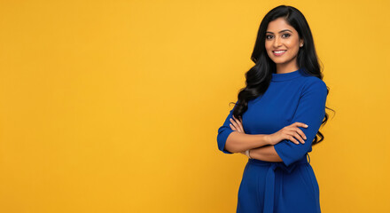 Confident Young Indian Woman Posing in Blue Dress on Yellow