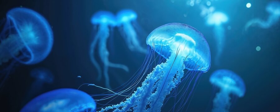 Luminous blue jellyfish float in deep dark water. School of medusas swims in ocean aquarium. Aquatic creatures with tentacles glow with bioluminescence. Underwater scene beautiful display of marine