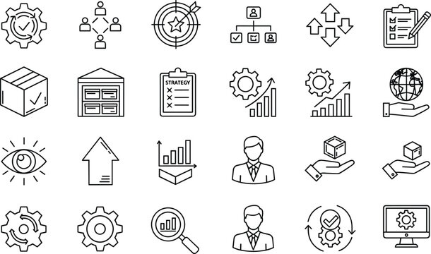 A detailed collection of vector line icons illustrating key concepts in business operations, goal achievement, organizational management, statistical reporting