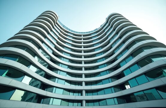 Modern wavy building facade with curved balconies, big glass windows stands against sky. Low angle captures shape, architecture, exterior design. Contemporary corporate office tower with urban