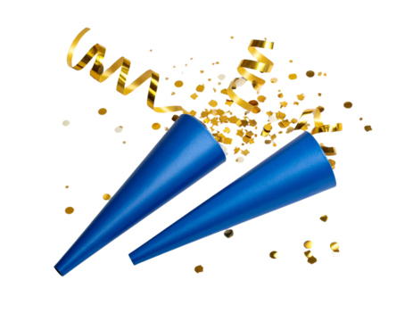 Festive Party Popper Collection, Blue Poppers with Gold Ribbon, Two Unique Variations, Isolated on Transparent Background