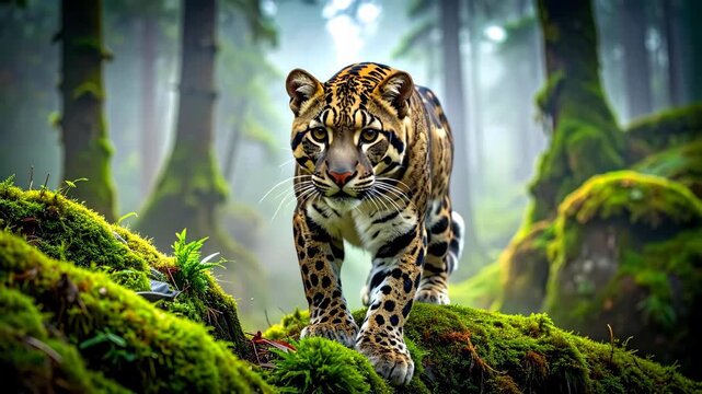 Clouded Leopard Walking Through Misty Forest Mossy Rocks.