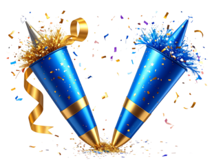 Festive Party Popper Collection, Blue Poppers with Gold Ribbon, Two Unique Variations, Isolated on Transparent Background