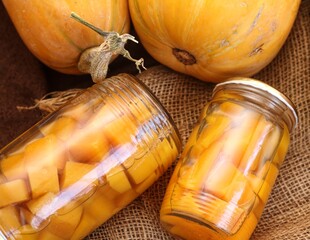 Butternut squash sweet compote with vanilla, cloves, cardamom and other spices. Tasty, heathy and aromatic vegetable made as sweet stewed fruit.