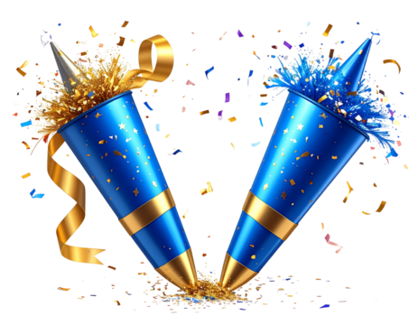 Festive Party Popper Collection, Blue Poppers with Gold Ribbon, Two Unique Variations, Isolated on Transparent Background