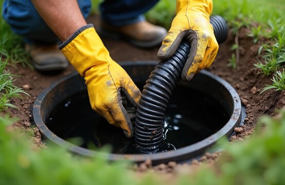 Worker wearing yellow gloves inserts black hose into septic tank opening. Man performs sewage pumping service for household drainage system maintenance.
