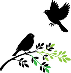 Silhouette of two birds, one perched, one flying, on a branch