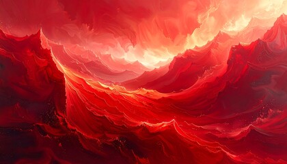 A vibrant, swirling landscape of abstract shapes. Fiery hues of red and orange dominate, evoking energy and movement. The composition suggests celestial forms
