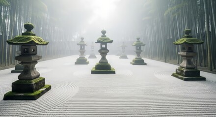 Zen temple courtyard with stone lanterns and winter mist, bamboo shadows