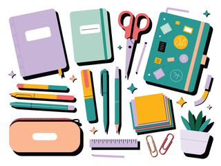 Vector illustration of collection of stationery and school supplies including notebooks, pens, scissors, ruler, and paper clips