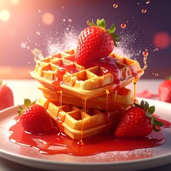 A stack of golden waffles topped with fresh strawberries and glistening red syrup. The syrup drips, with some strawberries around