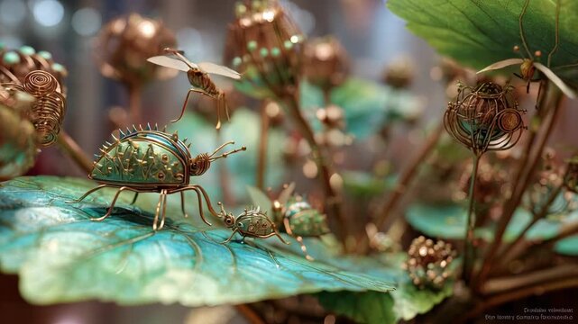 Steampunk insect on metallic leaf in surreal garden setting