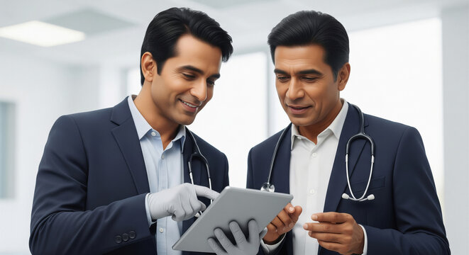 Two Doctors Collaborating on Patient Data Using Tablet Technology