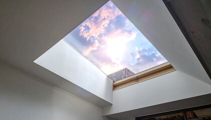 Interior view, angled shot, a rectangular skylight offers a glimpse of a cloudy sky and bright sunlight, set in a white-walled room