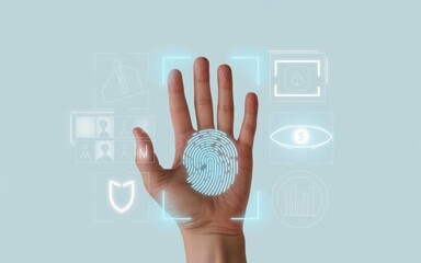 Biometric fingerprint scan security technology with hand authentication and futuristic interface for identity access and data protection providing network security and data encryption