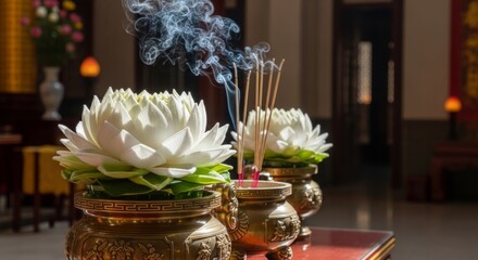 Buddhist lotus altar with winter white petals, incense smoke rising