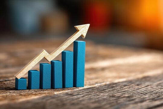 A blue graph with an arrow pointing upwards on a wooden background representing business growth and success concept with a businessman reading financial reports.