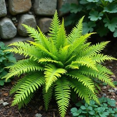 Rich green fern plant with vibrant fronds grows in garden bed near stone wall. Delicate leaves spread outwards creating natural textured pattern.
