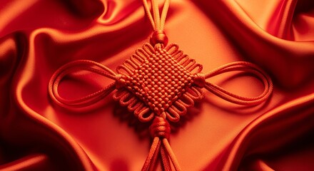 Chinese fortune knot on red silk, golden reflections