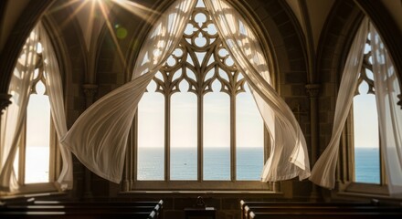 Chapel window with sea breeze blowing curtains