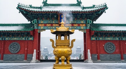 Chinese temple golden incense burner with winter smoke rising