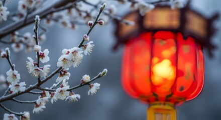 Chinese plum blossom branch with frost, red lantern blurred behind