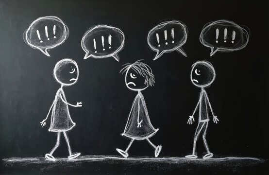 Chalk drawing shows bullying. Sad girl surrounded by talking persons. Mobbing scene at school. Concept for harassment. Victim of offense. Black chalkboard with illustration about violence. Social