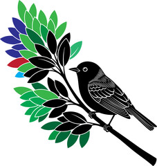 Stylized black bird perches on a branch with colorful leaves, isolated.