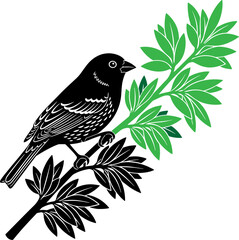 Black bird perched on a branch with green and black leaves