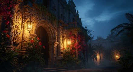 Colonial-era church facade with warm lantern glow and tropical plants