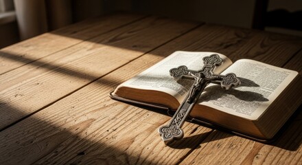 Cross and Bible resting on old wooden table
