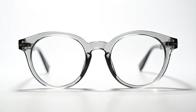 Clear plastic round eyeglasses with transparent frames sit on a white surface. A modern accessory for vision correction or fashion statement. These stylish specs are perfect for optical shops.