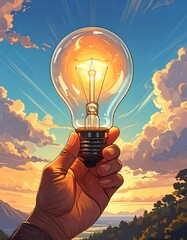 A sunlit, radiant lightbulb held up by a hand against a bright sky, symbolizing innovation and ideas