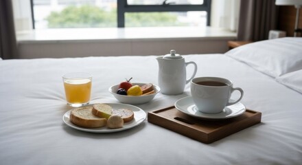 Fototapeta premium Breakfast tray on a hotel bed toast, fruit, juice, tea with a window view