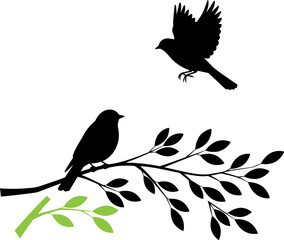 Silhouette of two birds, one perched on a branch, one flying.
