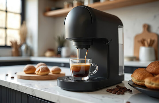 Black espresso machine brews hot coffee into glass mug. Morning pastries and coffee beans rest on kitchen counter. Freshly made beverage prepares.