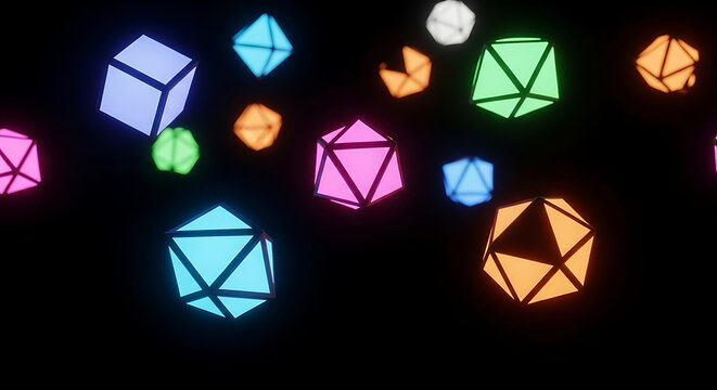 Abstract glowing geometric shapes cubes icosahedrons and octahedrons floating on black background